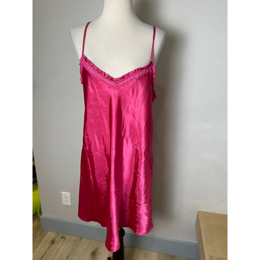 Morgan Taylor Intimates Hot Pink Satin Lace Trim Nightgown Y2K Chemise Large